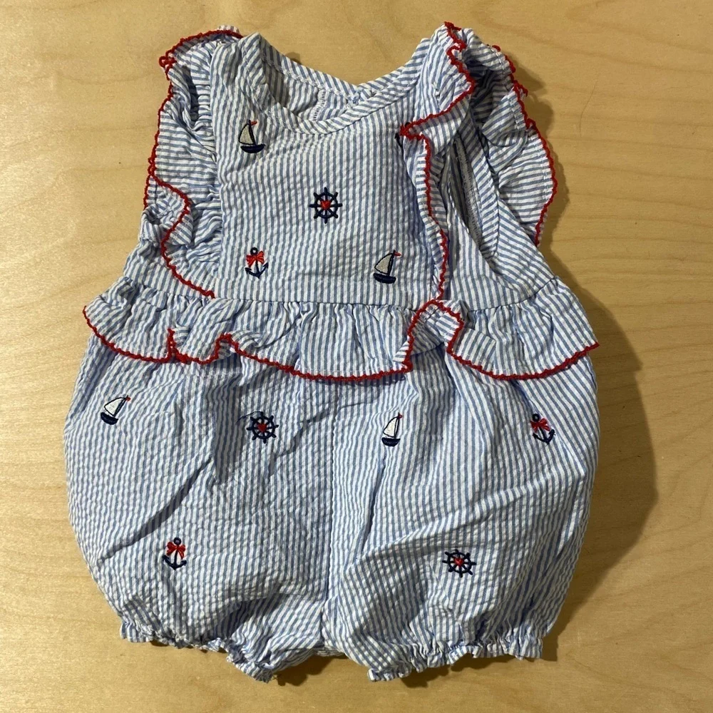 Good Lad Blue and White Striped Romper with Red Trim 6M (PE)